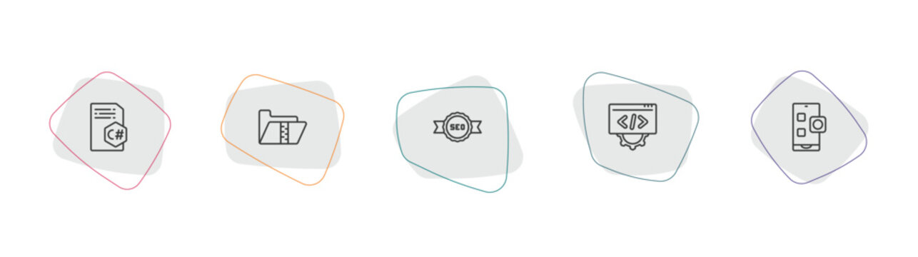 seo outline icon set. linear vector for ui, web and mobile. thin line c sharp, archive, seo badge icons.