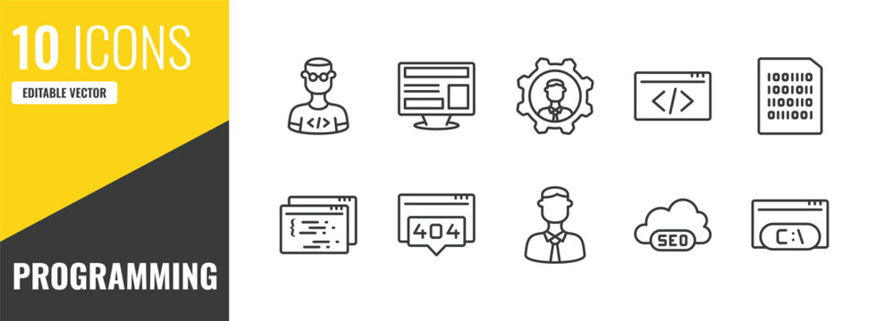 programming outline icon set. 10 linear vector for ui, web and mobile. thin line developer, program interface, seo management icons.