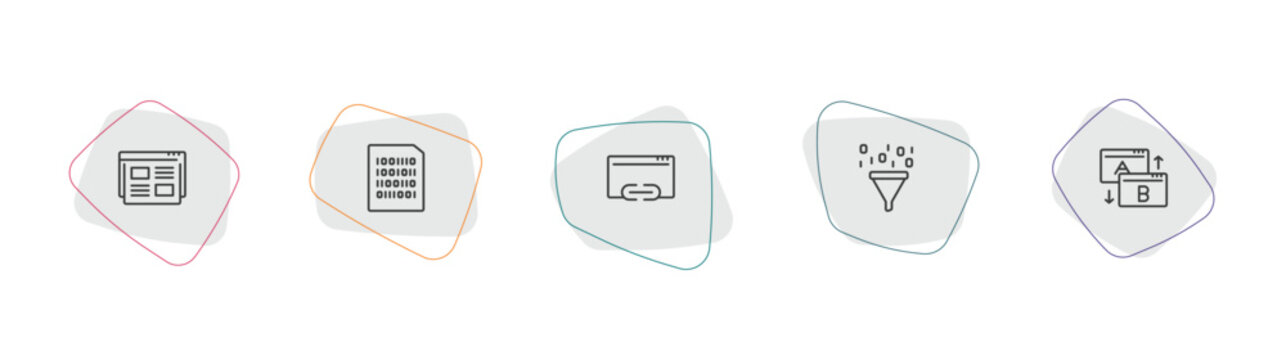 seo outline icon set. linear vector for ui, web and mobile. thin line landing page, binary file, hyperlink icons.