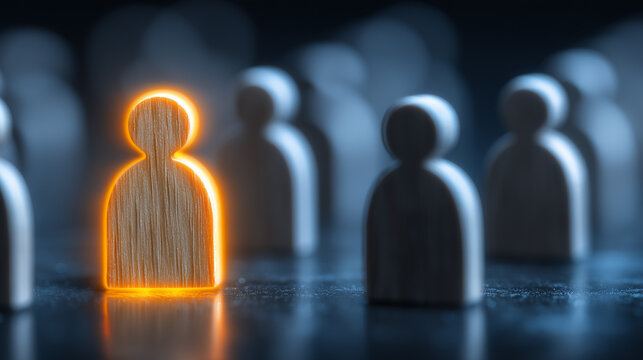 A highlighted wooden figure standing among a crowd symbolizes leadership, individuality, and being recognized as the key person in a group.
