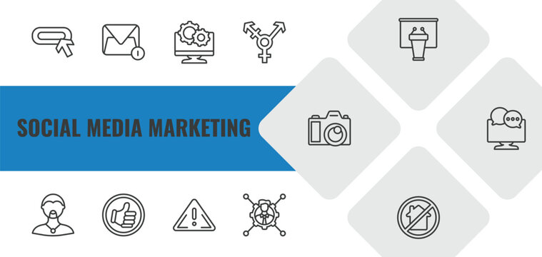 social media marketing outline icon set. linear vector for ui, web and mobile. thin line buttons, message, system icons.