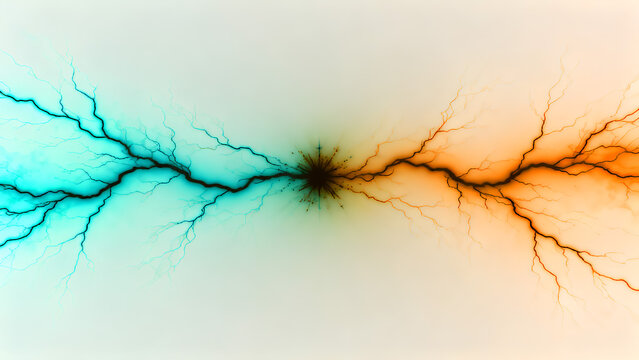 Abstract electrical discharge pattern with contrasting blue and orange energy lines on a light background