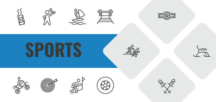 sports outline icon set. linear vector for ui, web and mobile. thin line drift car, dumbbell for training, windsurf icons.
