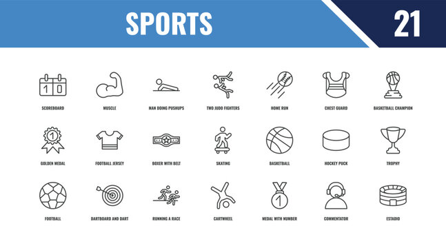 sports outline icon set. linear vector for ui, web and mobile. thin line muscle, basketball champion, basketball icons.