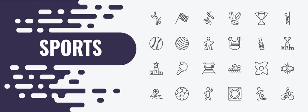 sports outline icon set. linear vector for ui, web and mobile. thin line chequered flag, breakdancing dancer, trophy icons.