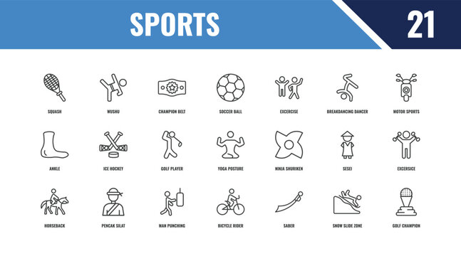 sports outline icon set. linear vector for ui, web and mobile. thin line wushu, motor sports, ninja shuriken icons.