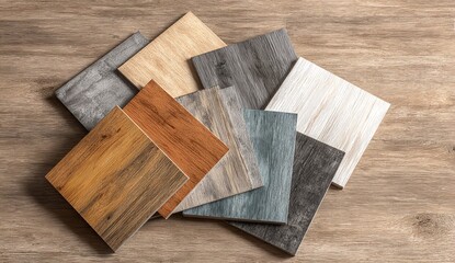 Fototapeta premium A fan-like arrangement of various wood flooring samples showing different colors and grain patterns on a light wood background