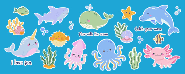 Cute cartoon sea creatures sticker set. Сollection of underwater animals: whale, shark, dolphin, octopus, axolotl, narwhal, puffer fish and squid with ocean quotes © Tetianka