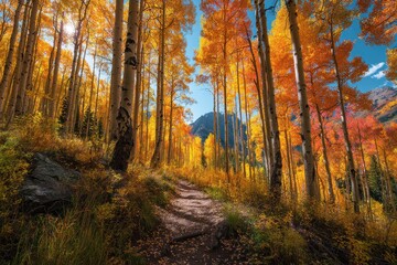 Fototapeta premium Colorful fall foliage among tall white-barked aspens in a high alpine forest