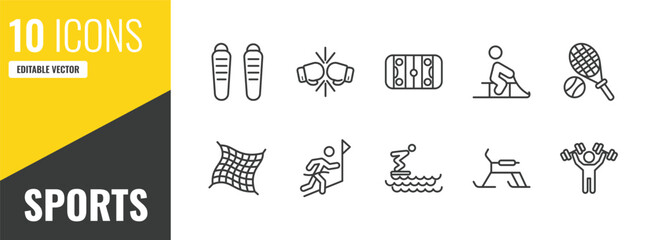 sports outline icon set. 10 linear vector for ui, web and mobile. thin line shin guards, two boxing gloves, hockey arena icons. © Farahim