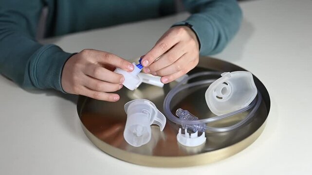 Close-up of Hands Assembling a Compressor Nebulizer for Inhalation Therapy