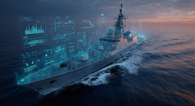 A modern naval ship sails through the ocean at sunset with a digital data overlay showing tactical information and radar charts