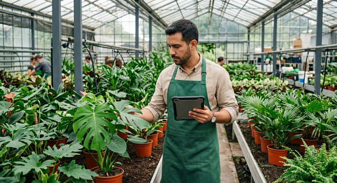 Photorealistic portrait of male botanist wearing green apron using digital tablet to monitor plant growth in modern greenhouse representing smart farming and agritech concept
