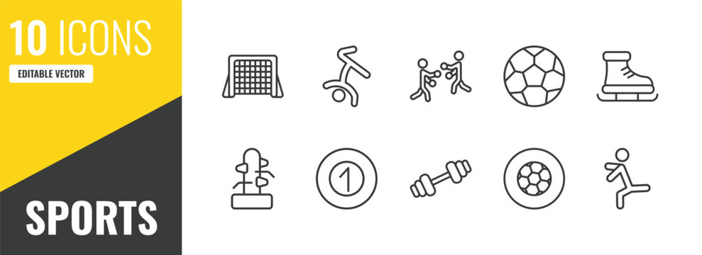 sports outline icon set. 10 linear vector for ui, web and mobile. thin line hockey goal, breakdancing dancer, boxing icons.