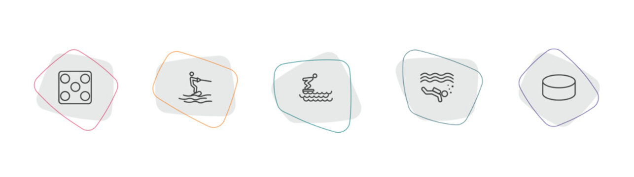 sports outline icon set. linear vector for ui, web and mobile. thin line game board, wakeboarding, swimming jump icons.