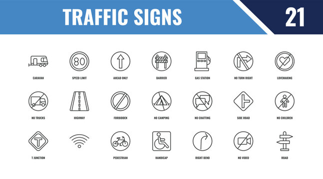 traffic signs outline icon set. linear vector for ui, web and mobile. thin line speed limit, lovemaking, no chatting icons.