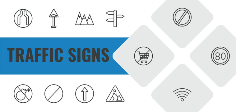 traffic signs outline icon set. linear vector for ui, web and mobile. thin line narrow road, bump, hill icons.
