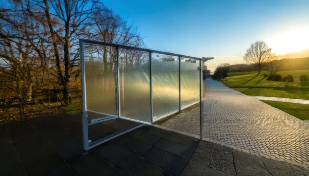 Modern Bus Stop Shelter at Sunset in a Park.