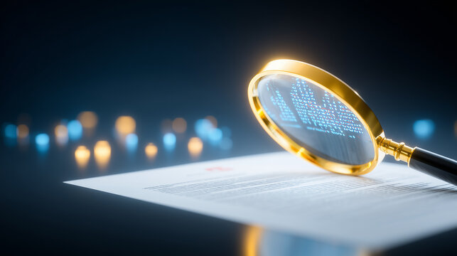 A magnifying glass over a document with digital code reflection depicting forensic analysis, compliance review, and cyber risk investigation.
