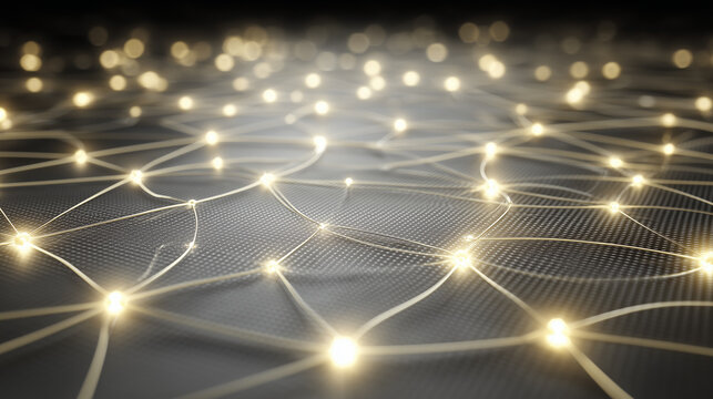 Connected glowing nodes across a digital surface depicting network communication, data exchange, and intelligent system connectivity.
