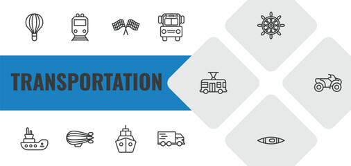 transportation outline icon set. linear vector for ui, web and mobile. thin line hot air balloon, metro, motorsport icons. © Farahim