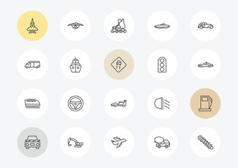 Fototapeta premium transport outline icon set. linear vector for ui, web and mobile. thin line army airplane, van, bobsleigh icons.