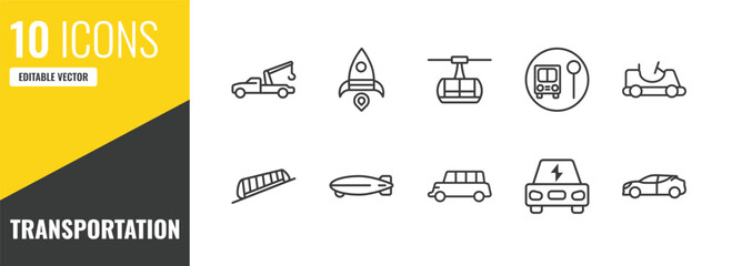 transportation outline icon set. 10 linear vector for ui, web and mobile. thin line tow truck, space rocket launch, chairlift icons. © Farahim