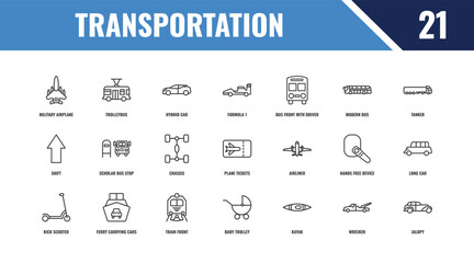 Fototapeta premium transportation outline icon set. linear vector for ui, web and mobile. thin line trolleybus, tanker, airliner icons.