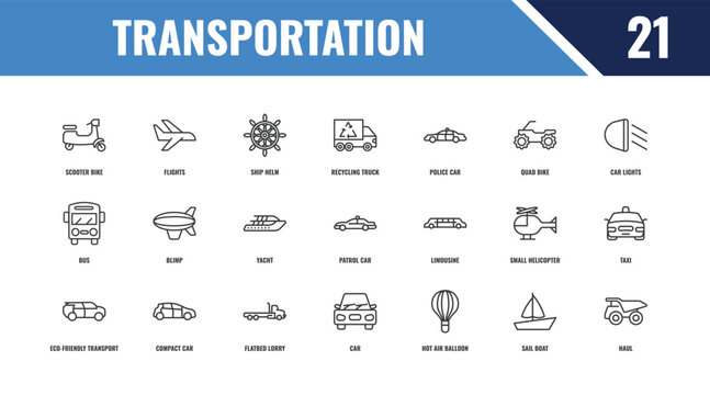 transportation outline icon set. linear vector for ui, web and mobile. thin line flights, car lights, limousine icons.