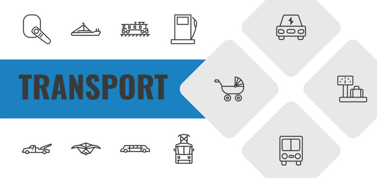 transport outline icon set. linear vector for ui, web and mobile. thin line hands free device, pt boat, caboose icons.