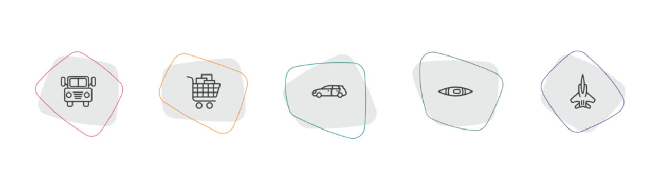 transportation outline icon set. linear vector for ui, web and mobile. thin line prison bus, cart with boxes, hatchback icons.
