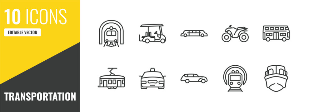 transportation outline icon set. 10 linear vector for ui, web and mobile. thin line train in a tunnel, golf cart, limousine icons.