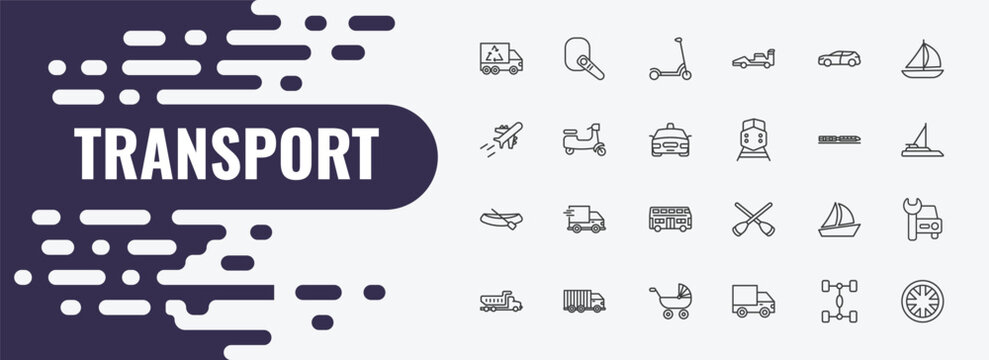 transport outline icon set. linear vector for ui, web and mobile. thin line hands free device, kick scooter, suv icons.