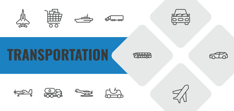transportation outline icon set. linear vector for ui, web and mobile. thin line army airplane, cart with boxes, icebreaker ship icons.