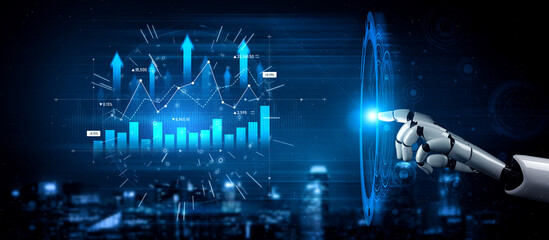 Fototapeta premium A futuristic robotic hand interacts with digital graphs and charts, set against a vibrant cityscape, symbolizing technology role in data analysis and innovation. Scalp