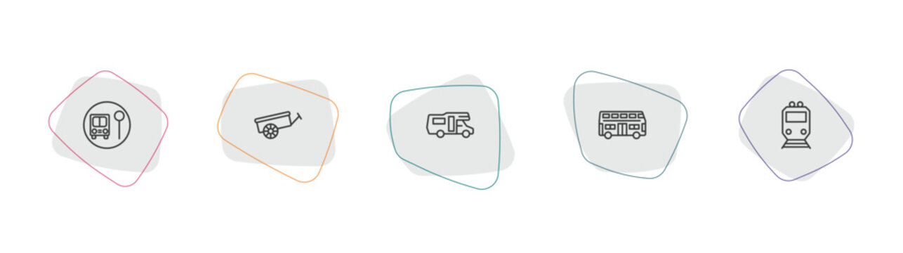 transportation outline icon set. linear vector for ui, web and mobile. thin line school bus stop, oxcart, camper car icons.