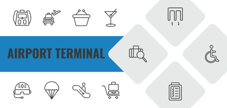 airport terminal outline icon set. linear vector for ui, web and mobile. thin line book bag with pockets, airport taxi, duty free basket icons.