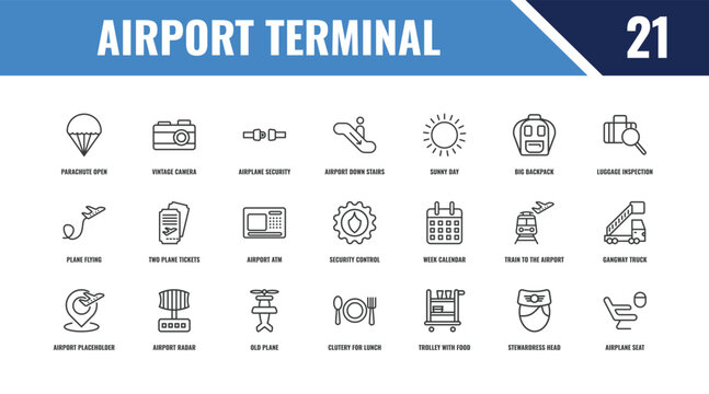 airport terminal outline icon set. linear vector for ui, web and mobile. thin line vintage camera, luggage inspection, week calendar icons.