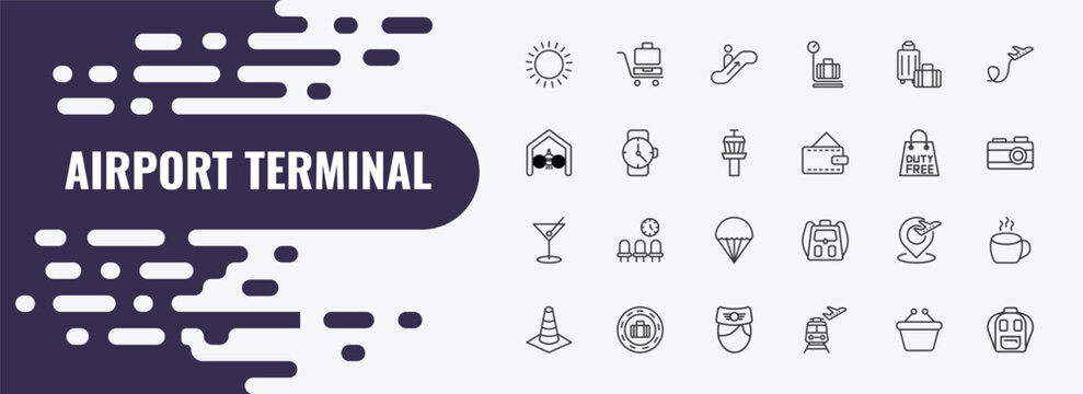 airport terminal outline icon set. linear vector for ui, web and mobile. thin line luggage trolley, or up, trip luggage icons.