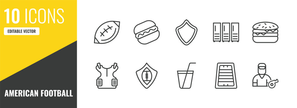 american football outline icon set. 10 linear vector for ui, web and mobile. thin line fast football ball, hot dog, shield icons.