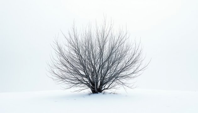 Leafless tree stands on white snow ground. Winter landscape, bare branches against bright sky. Minimalist natural scene, no people, cold season.