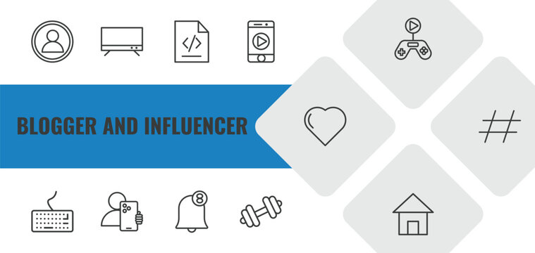 blogger and influencer outline icon set. linear vector for ui, web and mobile. thin line profile, tv, script icons.