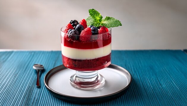 decadent layered berry dessert with fresh mint garnish in elegant glass