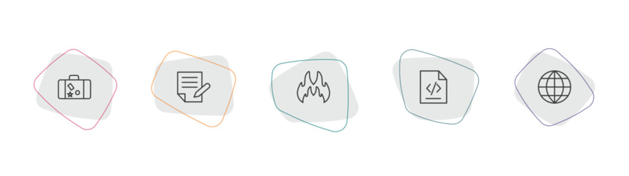 blogger and influencer outline icon set. linear vector for ui, web and mobile. thin line suitcase, copywriter, fire icons.