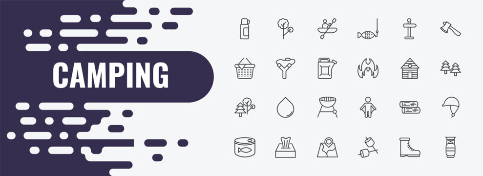 camping outline icon set. linear vector for ui, web and mobile. thin line tree, rafting, direction icons.
