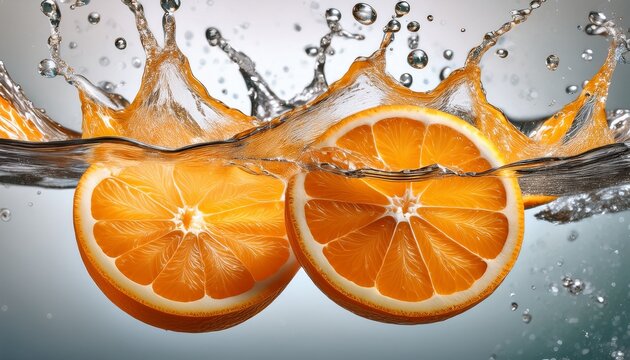 fresh orange slices splash into clear water creating vibrant bubbles and ripples