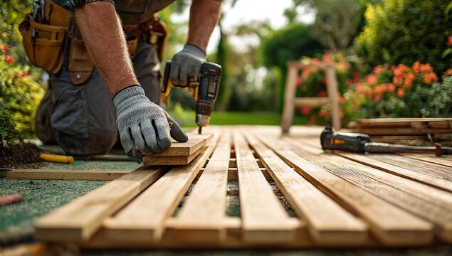 A carpenter wearing a leather tool belt and gloves uses a yellow power drill to install wooden planks on an outdoor deck