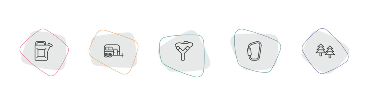 camping outline icon set. linear vector for ui, web and mobile. thin line gasoline, caravan, slingshot icons.