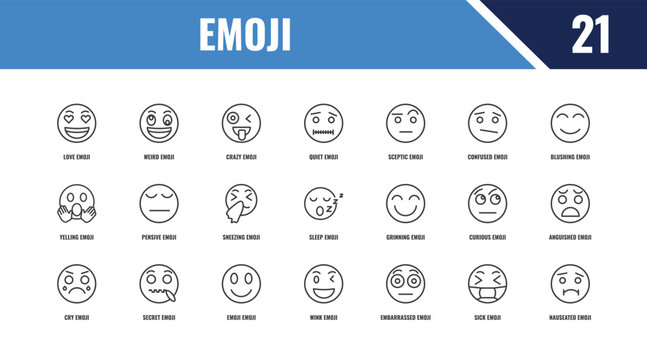 emoji outline icon set. linear vector for ui, web and mobile. thin line weird emoji, blushing emoji, grinning icons.