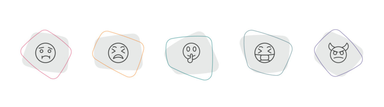 emoji outline icon set. linear vector for ui, web and mobile. thin line nauseated emoji, exhausted emoji, shushing icons.